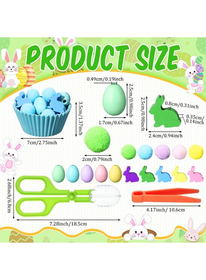 Funnymoom فيلر صندوق الحواس عيد الفصح من فاني موم - ألعاب حركية دقيقة تشمل ملاقط و 2 مقصات و مشابك و 150 كرة بوم بوم و 30 أرنب عيد الفصح الخشبي و بيض و 10 أكواب فرز لتدريب الفرز والعد في عيد الفصح - Image 2