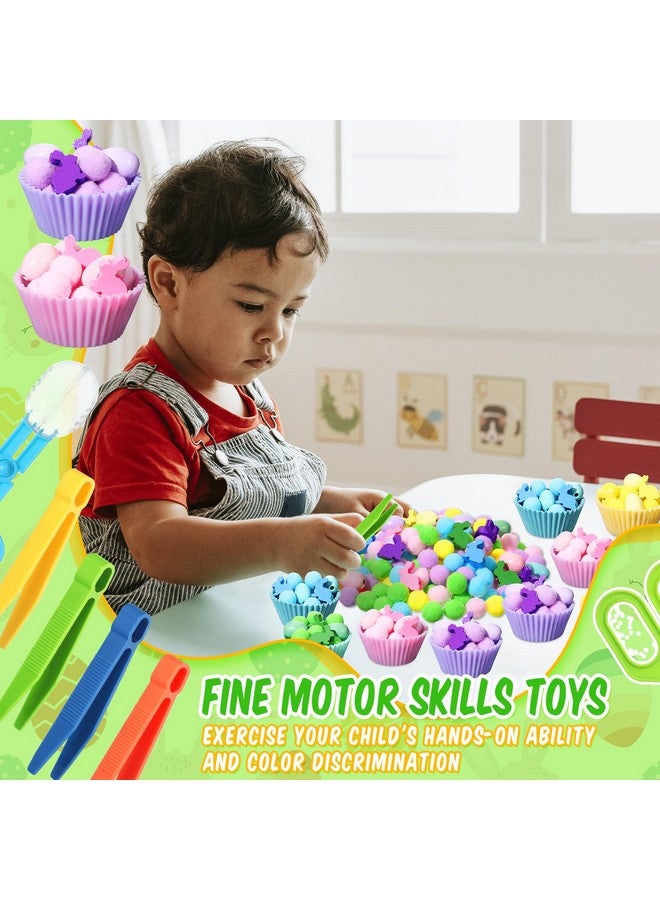 Funnymoom فيلر صندوق الحواس عيد الفصح من فاني موم - ألعاب حركية دقيقة تشمل ملاقط و 2 مقصات و مشابك و 150 كرة بوم بوم و 30 أرنب عيد الفصح الخشبي و بيض و 10 أكواب فرز لتدريب الفرز والعد في عيد الفصح - Image 5