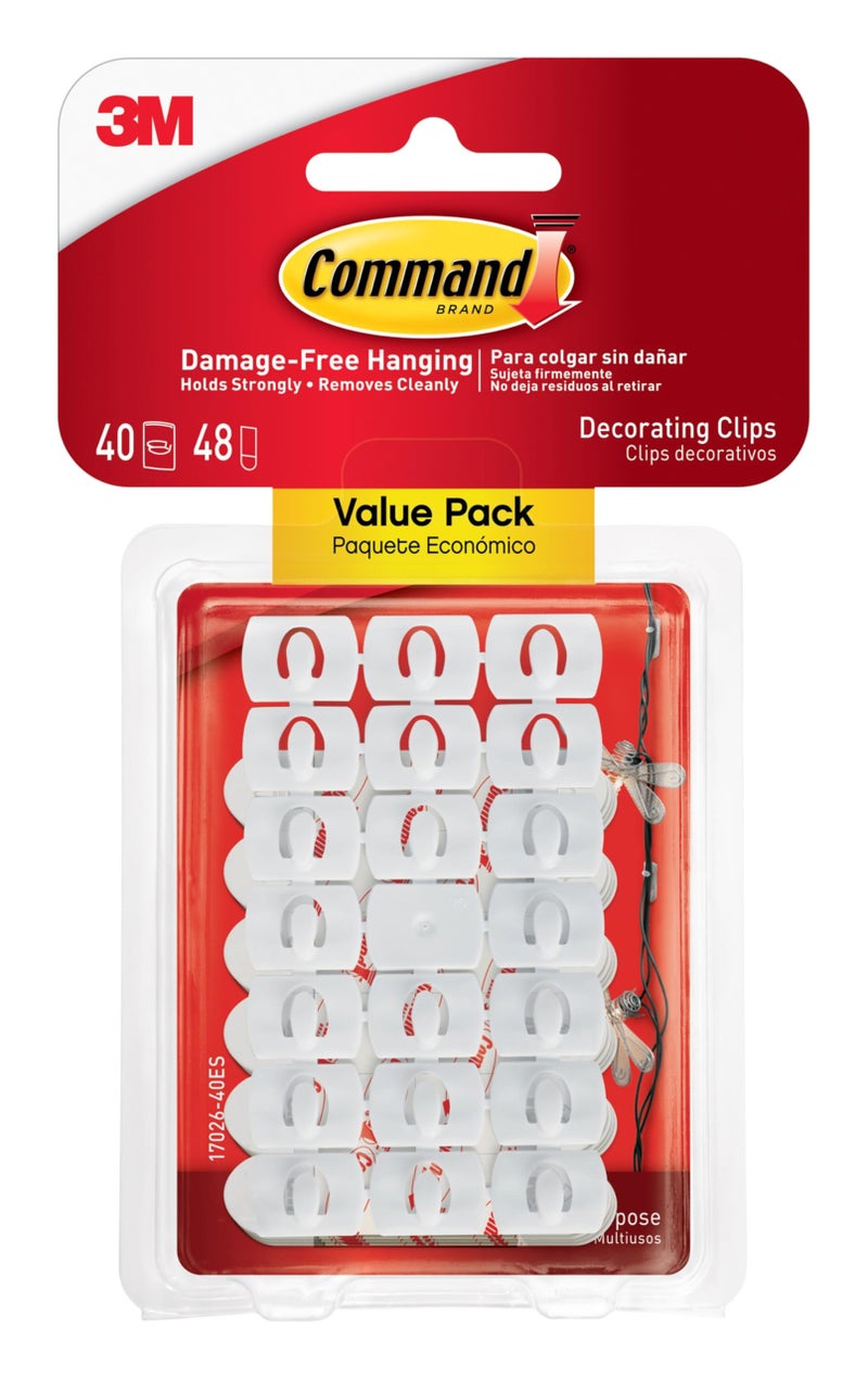 Command Decorating Clips, 40 Clips and 48 Strips, Damage-Free Hanging Light Clips with Adhesive Strips, No Tools Small Wall Clip for Hanging Lights and Cables - Image 1