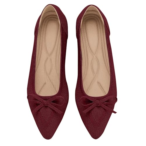 TINGRISE Womens Flats Pointed Toe Bow Knit Ballet Shoes Comfortable Dressy Mesh Slip On Flat Red US9 - Image 1