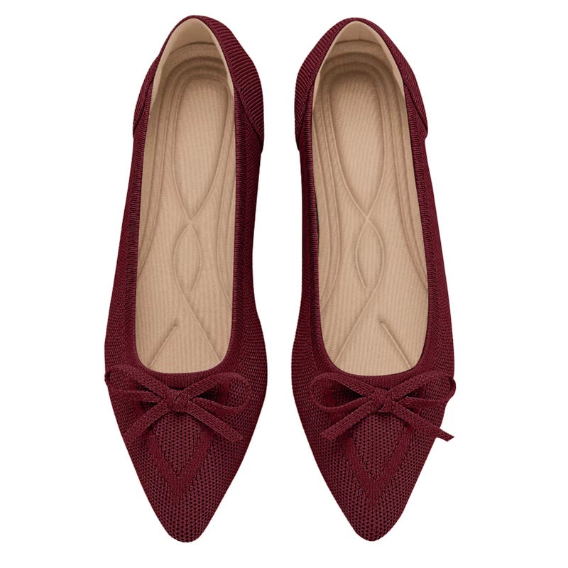 TINGRISE Womens Flats Pointed Toe Bow Knit Ballet Shoes Comfortable Dressy Mesh Slip On Flat Red US9 - Image 2