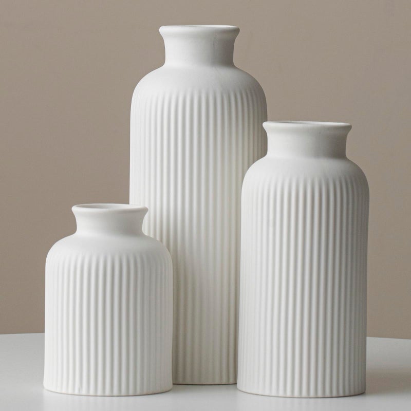 vaurcesa Large Modern Ceramic Vase Set, White Ribbed Matte Design, 3-Piece Decorative Vases for Home, Living Room, Office (XL White) - Image 1
