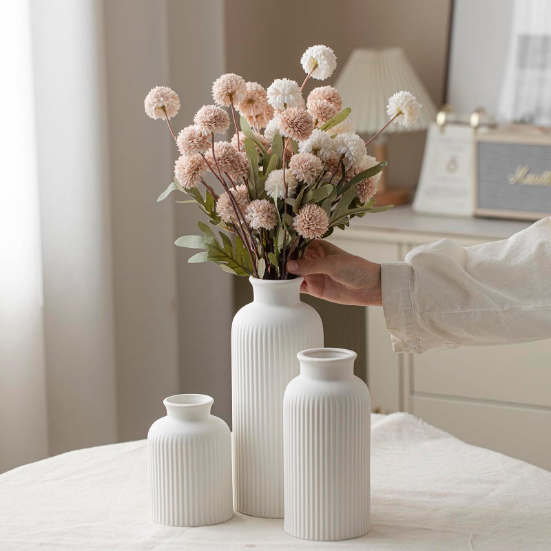 vaurcesa Large Modern Ceramic Vase Set, White Ribbed Matte Design, 3-Piece Decorative Vases for Home, Living Room, Office (XL White) - Image 2