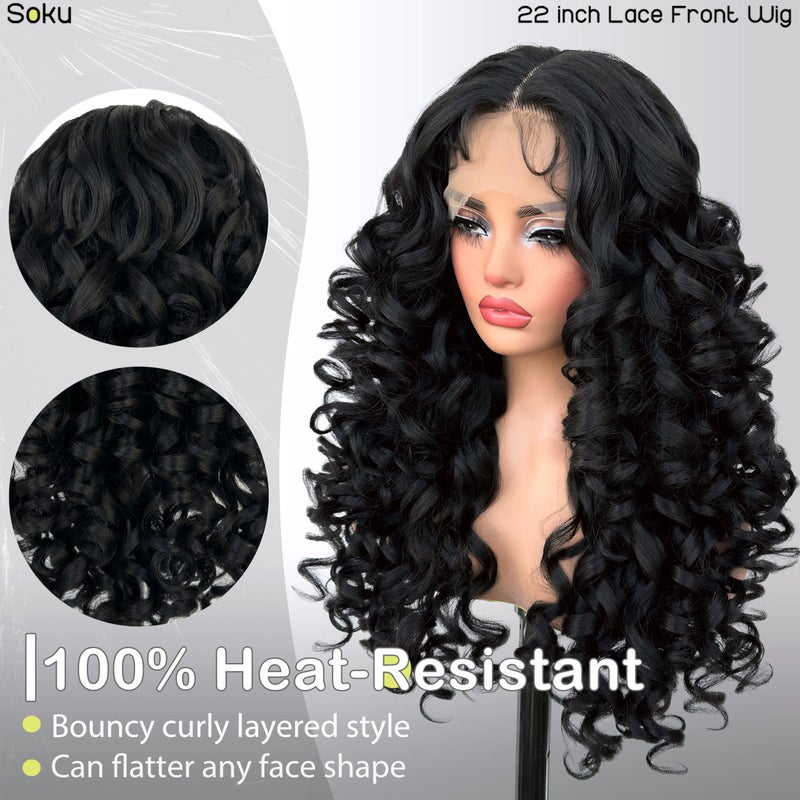 SOKU Long Curly Wig, Glueless Lace Front Wigs for Black Women 22 Inch Pre Plucked Ready to Wear Black Layered Wig with Natural Hairline 13x4x1 HD Lace Frontal - Image 2