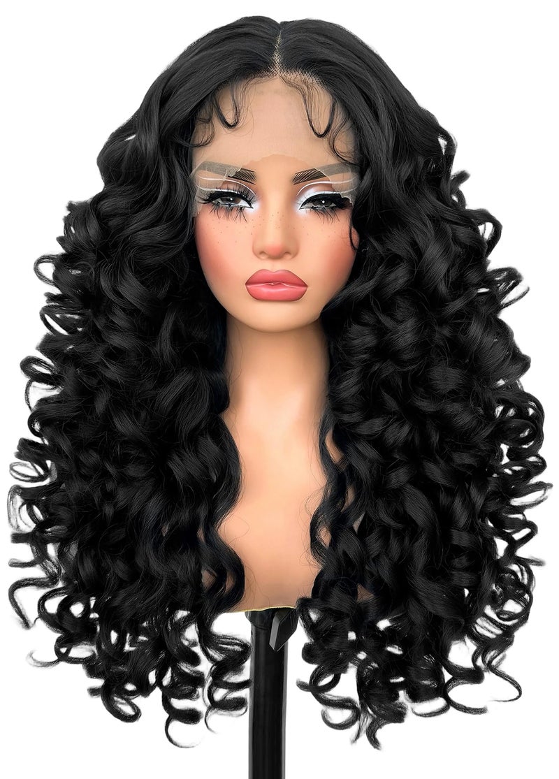 SOKU Long Curly Wig, Glueless Lace Front Wigs for Black Women 22 Inch Pre Plucked Ready to Wear Black Layered Wig with Natural Hairline 13x4x1 HD Lace Frontal - Image 1