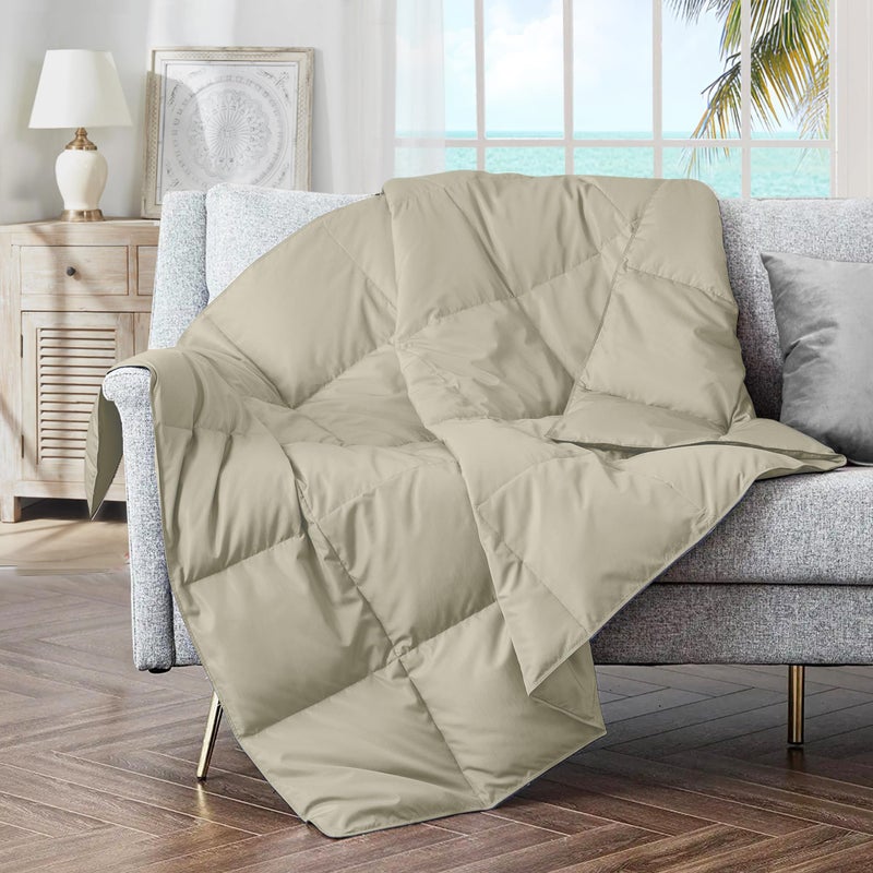 puredownÂ® Soft Feather Down Throw Blanket Lightweight Packable Couch Throw for Indoor and Outdoor Use, Throw 50"X70", Beige - Image 1