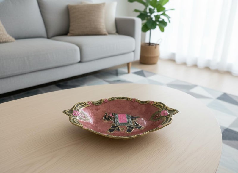 umsang Vintage Decorative Pure Brass Trinket Dish, Enamel with Elephant Design, Gold Floral Border | Bohemian Ring Holder for Dresser, Key, Jewels, Stones Gift (Dark Pink) - Image 3