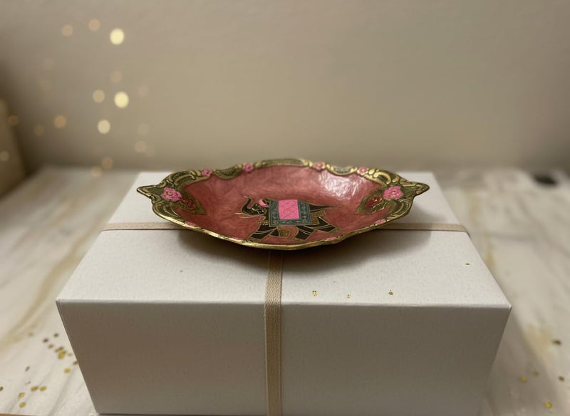 umsang Vintage Decorative Pure Brass Trinket Dish, Enamel with Elephant Design, Gold Floral Border | Bohemian Ring Holder for Dresser, Key, Jewels, Stones Gift (Dark Pink) - Image 5