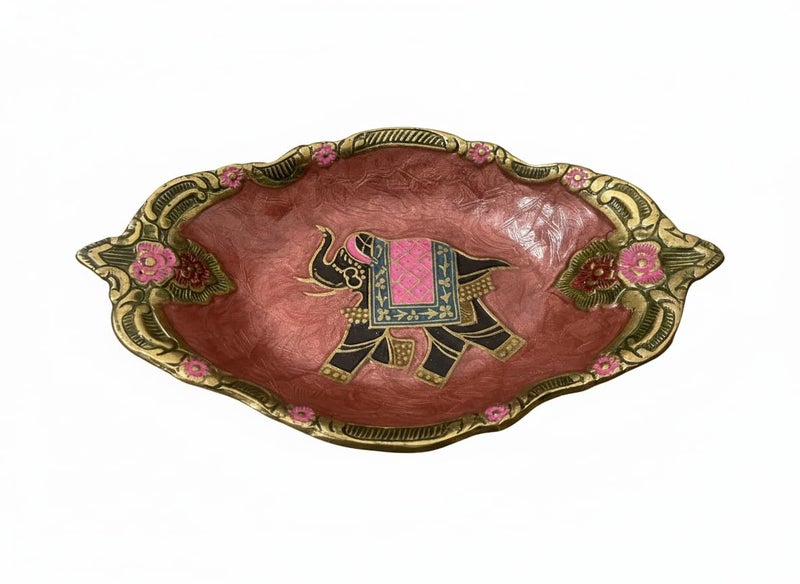 umsang Vintage Decorative Pure Brass Trinket Dish, Enamel with Elephant Design, Gold Floral Border | Bohemian Ring Holder for Dresser, Key, Jewels, Stones Gift (Dark Pink) - Image 1