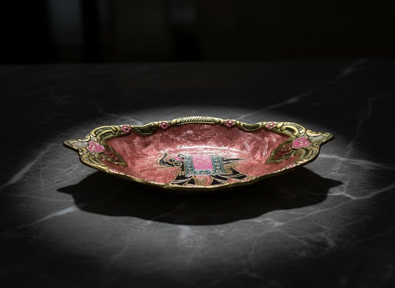 umsang Vintage Decorative Pure Brass Trinket Dish, Enamel with Elephant Design, Gold Floral Border | Bohemian Ring Holder for Dresser, Key, Jewels, Stones Gift (Dark Pink) - Image 2