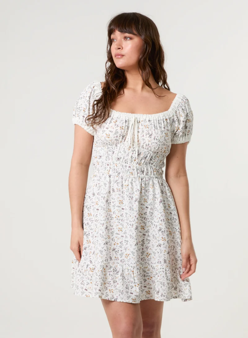 Blue Vanilla Puff Sleeve Shirred Mini Dress