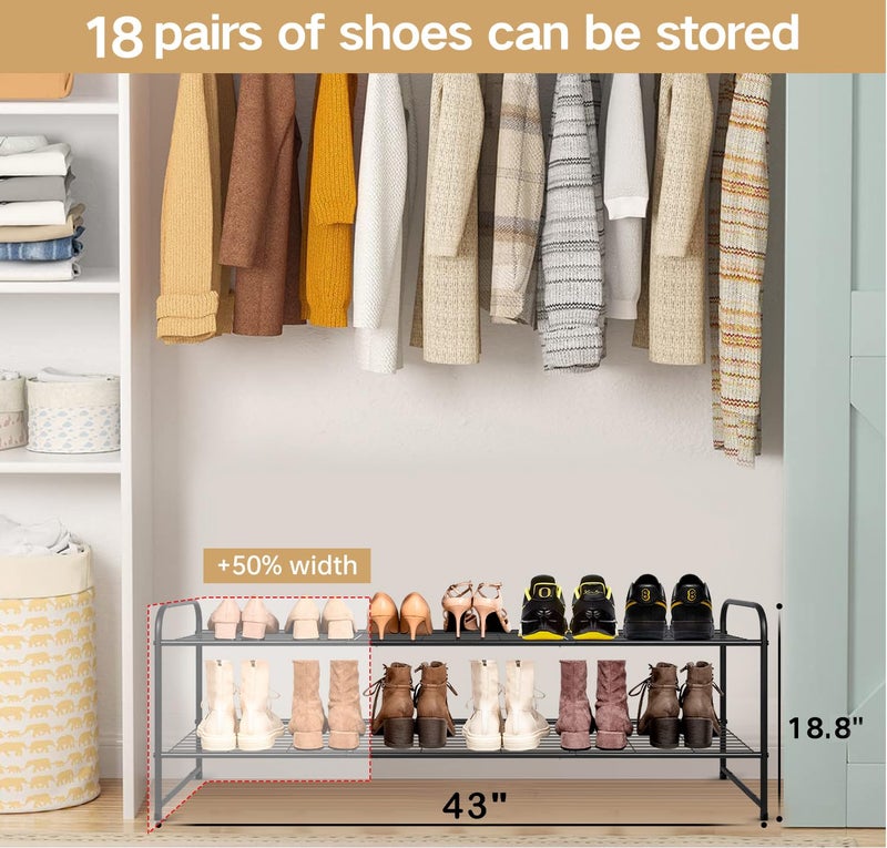 KEETDY 2-Tier Long Shoe Rack for Closet Metal Shoe Organizer for Entryway, Wide Stackable Shoe Storage Shelf with Sturdy Wire Grid for Closet Floor, Bedroom, Black - Image 2