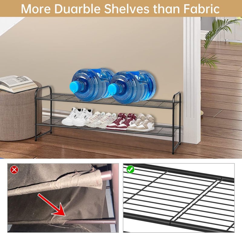 KEETDY 2-Tier Long Shoe Rack for Closet Metal Shoe Organizer for Entryway, Wide Stackable Shoe Storage Shelf with Sturdy Wire Grid for Closet Floor, Bedroom, Black - Image 3