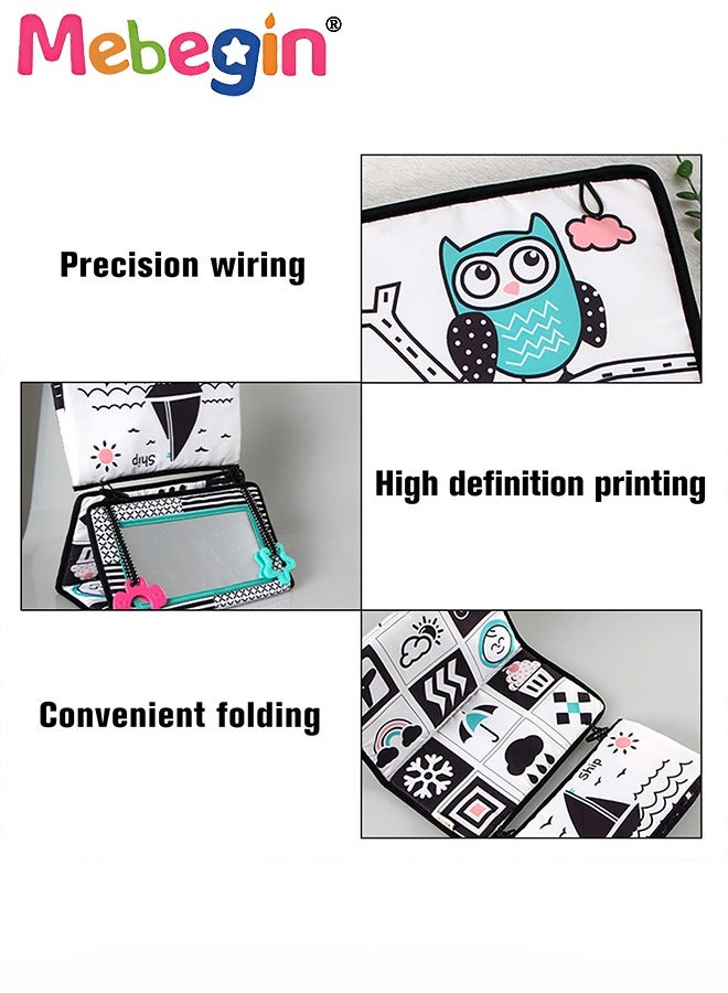 Foldable Cloth Book with Mirror, Tummy Time Mirror Toys for Babies, High Contrast Baby Sensory Toys with Crinkle Cloth Book & Teethers, Montessori Toys, Creative Portable Baby Development Toy, Excellent Tool for Early Learning Education and Enlightenment