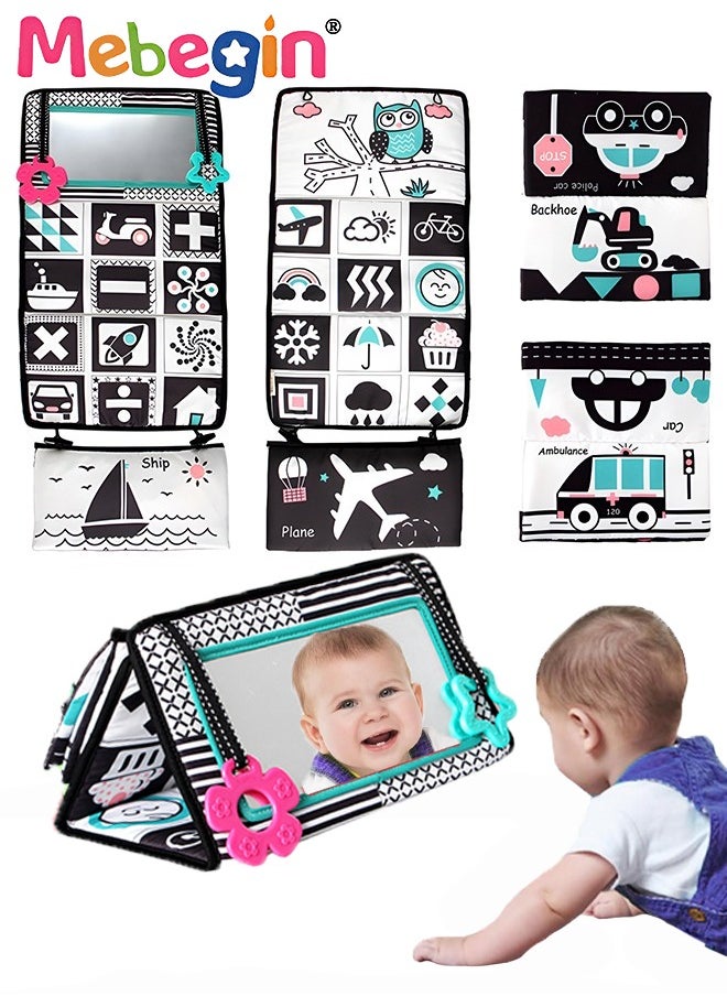 MEBEGIN Foldable Cloth Book with Mirror, Tummy Time Mirror Toys for Babies, High Contrast Baby Sensory Toys with Crinkle Cloth Book & Teethers, Montessori Toys, Creative Portable Baby Development Toy, Excellent Tool for Early Learning Education and Enlightenment  - Image 1