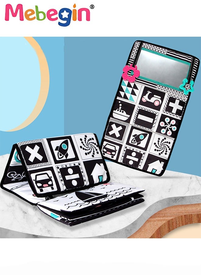 Foldable Cloth Book with Mirror, Tummy Time Mirror Toys for Babies, High Contrast Baby Sensory Toys with Crinkle Cloth Book & Teethers, Montessori Toys, Creative Portable Baby Development Toy, Excellent Tool for Early Learning Education and Enlightenment