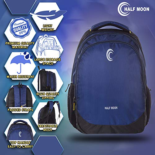Half Moon 30L Waterproof 15.6 Inch 3 Compartment Laptop Backpack For Men's Women's Boys & Girls (Navy Blue), Medium - Image 2