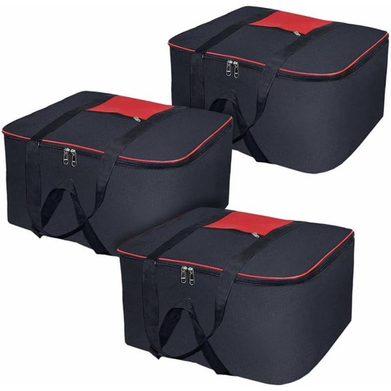 WOLFSTER Moisture Proof Nylon Rectangular Big Underbed Cloth Storage Bag Foldable Blanket Cover with Handles Black Mix Red Pack of 3 - Image 1