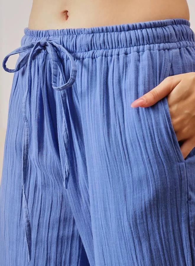 Clovia Navy Blue Textured Button Details Top and Pants Pyjama Set