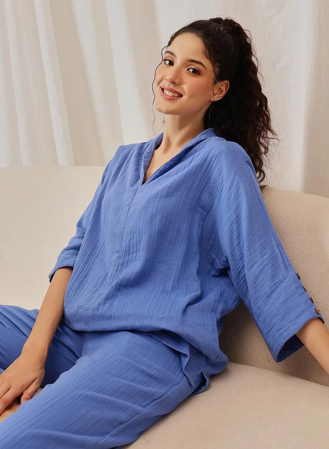 Clovia Navy Blue Textured Button Details Top and Pants Pyjama Set