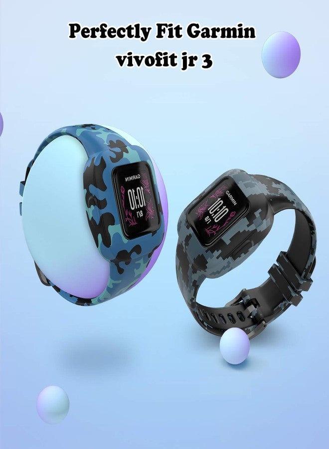MoKo 2PACK Band Compatible with Garmin Vivofit JR 3 Tracker, Soft Silicone Printing Pattern Adjustable Replacement Strap Fits 5.1-7.5in Wristband Bracelet, Camouflage Blue & Mosaic - Image 2