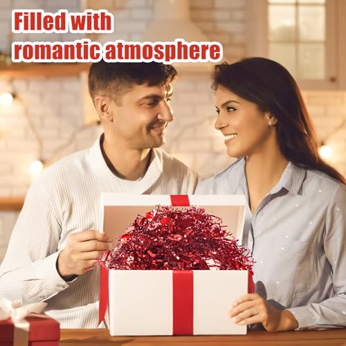 TORONTOKYO 32oz Valentine's Day Crinkle Cut Paper Shred, Red Metallic Raffia Paper Shred Filler Grass with Red Heart Confetti for Gift Wrapping, Basket Filling, Wedding, Party Supply - Image 5
