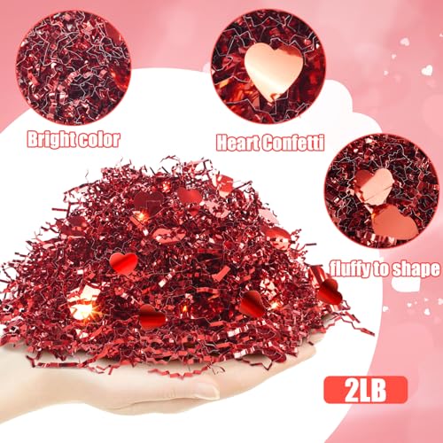 TORONTOKYO 32oz Valentine's Day Crinkle Cut Paper Shred, Red Metallic Raffia Paper Shred Filler Grass with Red Heart Confetti for Gift Wrapping, Basket Filling, Wedding, Party Supply - Image 2
