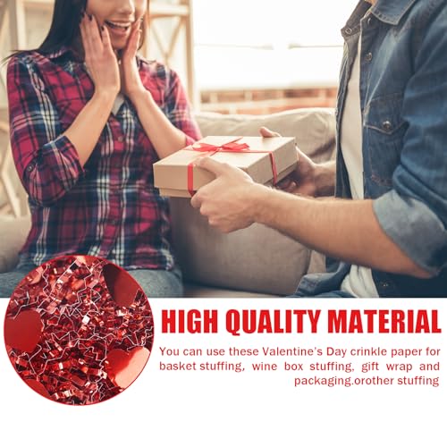 TORONTOKYO 32oz Valentine's Day Crinkle Cut Paper Shred, Red Metallic Raffia Paper Shred Filler Grass with Red Heart Confetti for Gift Wrapping, Basket Filling, Wedding, Party Supply - Image 4