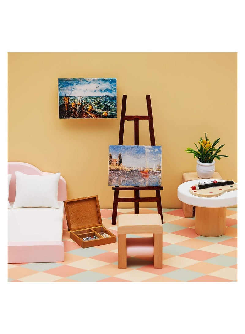 Luckam 3 Pieces 1:12 Miniature Dollhouse Accessories, Wooden Easel Dollhouse Furniture Decoration Set, Miniature Palette Watercolor Box Easel Miniature Dollhouse Furniture Painting for Dolls - Image 4