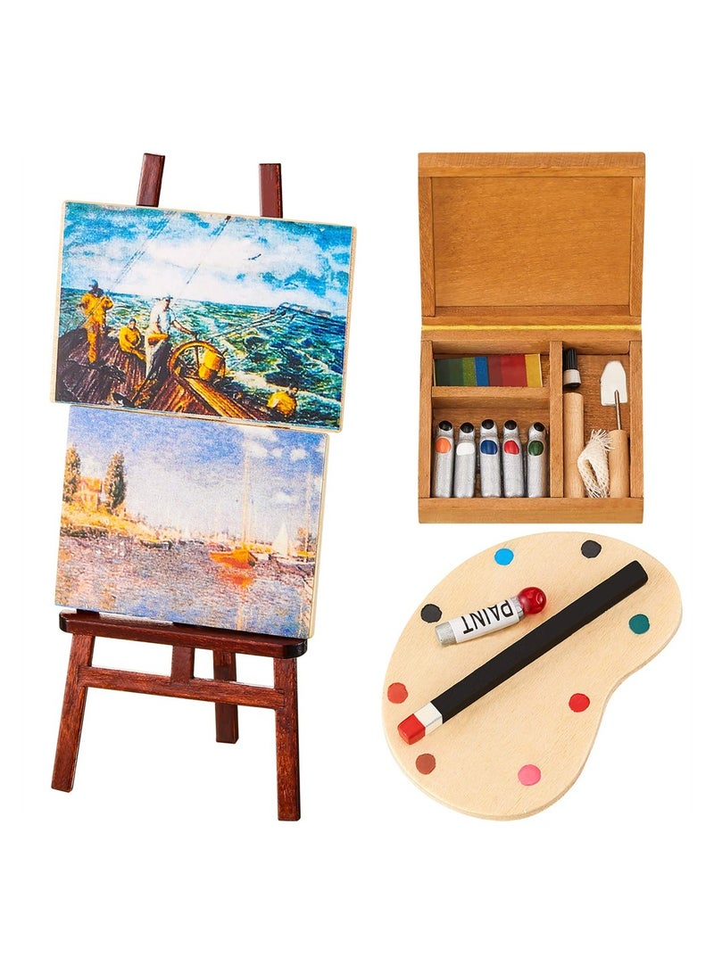 Luckam 3 Pieces 1:12 Miniature Dollhouse Accessories, Wooden Easel Dollhouse Furniture Decoration Set, Miniature Palette Watercolor Box Easel Miniature Dollhouse Furniture Painting for Dolls - Image 1