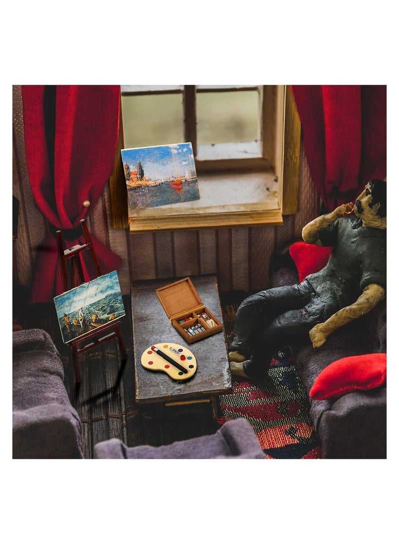 Luckam 3 Pieces 1:12 Miniature Dollhouse Accessories, Wooden Easel Dollhouse Furniture Decoration Set, Miniature Palette Watercolor Box Easel Miniature Dollhouse Furniture Painting for Dolls - Image 5