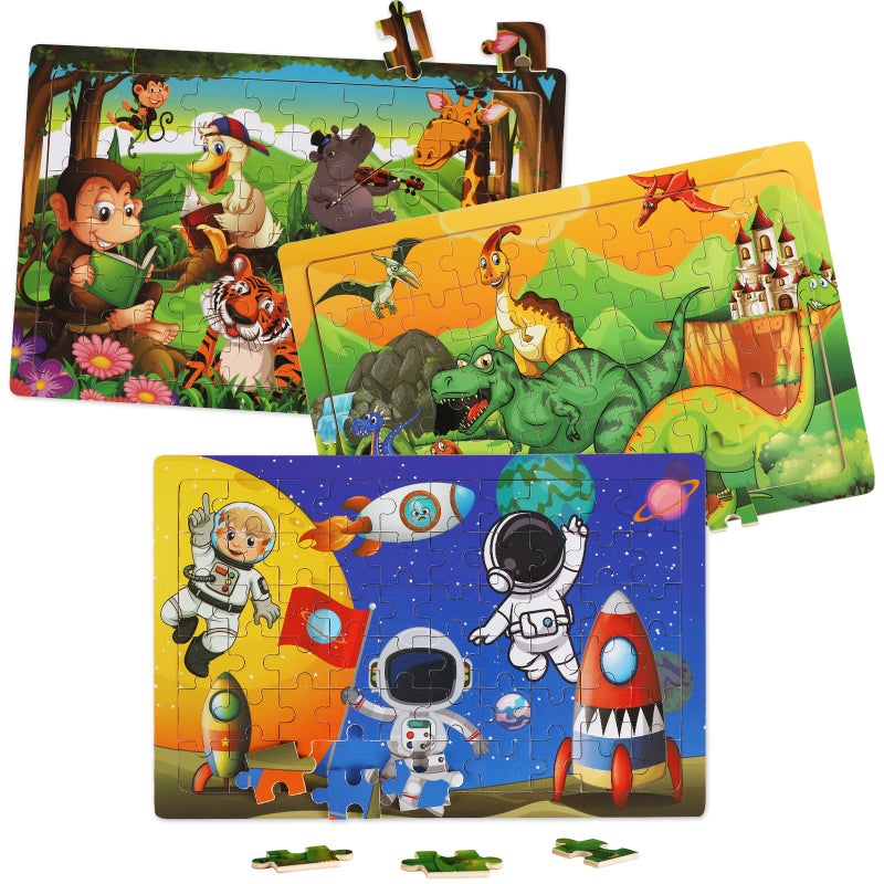 Slotic Wooden Puzzles Toys for Kids Ages 46 Set of 3 Packs with 60Piece Wood Jigsaw Puzzles Dinosaur Animal and Space Theme Ideal Gifts for Boys and Girls 3 4 5 6 7 8 Years Old - Image 3