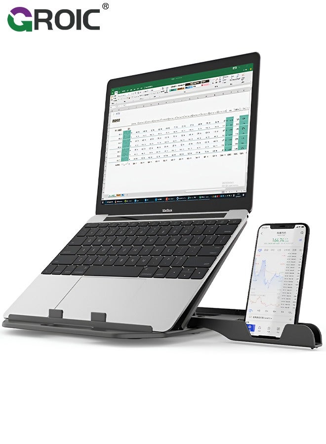 Laptop Stand, Adjustable Multi-Angle Laptop Riser Cooling Base with Phone Stand, Ergonomic Lifting and Portable Foldable Computer Stand, Compatible with 9 to 15.6" Laptops