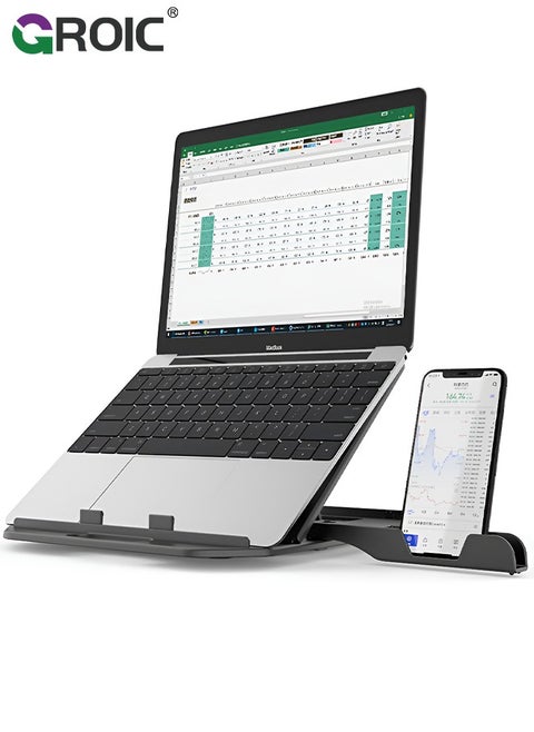 Laptop Stand, Adjustable Multi-Angle Laptop Riser Cooling Base with Phone Stand, Ergonomic Lifting and Portable Foldable Computer Stand, Compatible with 9 to 15.6" Laptops