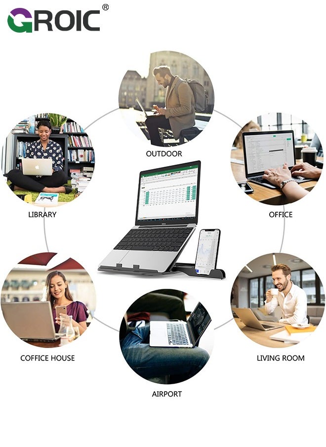 Laptop Stand, Adjustable Multi-Angle Laptop Riser Cooling Base with Phone Stand, Ergonomic Lifting and Portable Foldable Computer Stand, Compatible with 9 to 15.6" Laptops