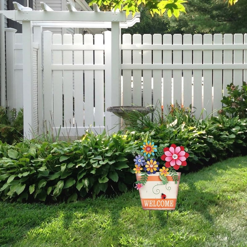 hogardeck Garden Decor for Outside, Metal Flower Pot Decorative Garden Stakes with Flowers for Spring Decor, Yard Art Welcome Sign for Outdoor Garden Lawn Backyard Porch Patio Decorations - Image 4