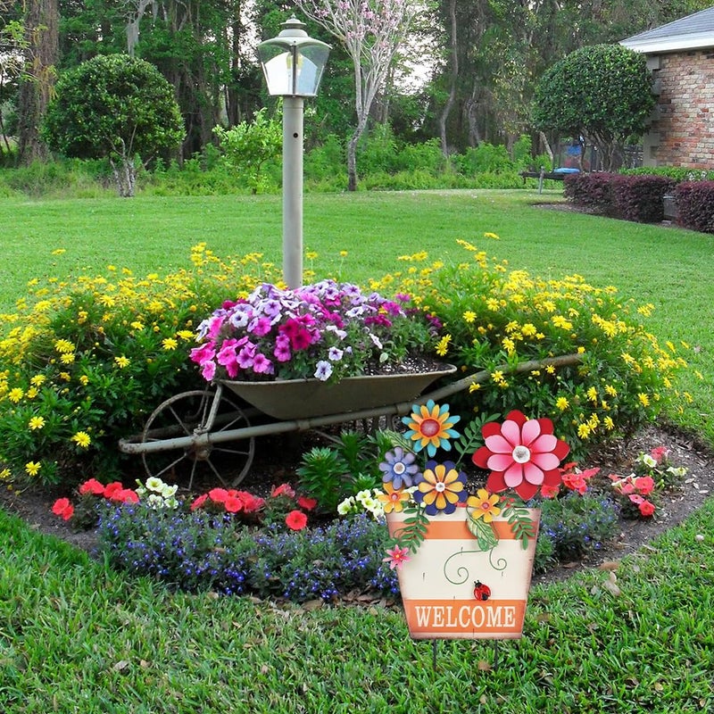 hogardeck Garden Decor for Outside, Metal Flower Pot Decorative Garden Stakes with Flowers for Spring Decor, Yard Art Welcome Sign for Outdoor Garden Lawn Backyard Porch Patio Decorations - Image 3