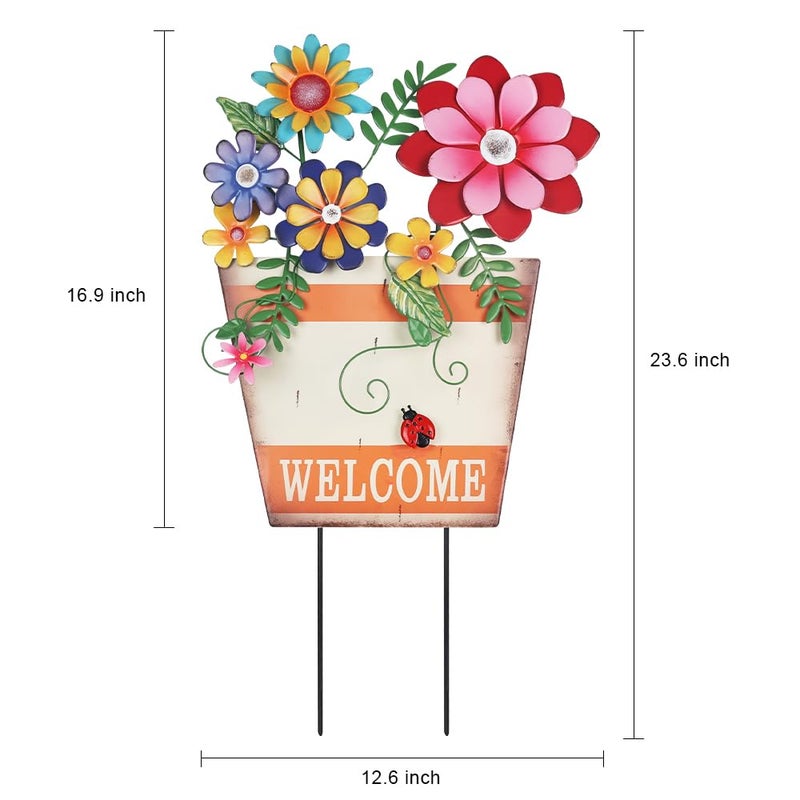 hogardeck Garden Decor for Outside, Metal Flower Pot Decorative Garden Stakes with Flowers for Spring Decor, Yard Art Welcome Sign for Outdoor Garden Lawn Backyard Porch Patio Decorations - Image 2