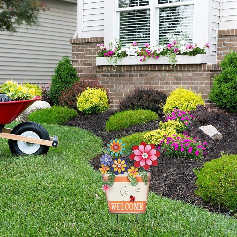 hogardeck Garden Decor for Outside, Metal Flower Pot Decorative Garden Stakes with Flowers for Spring Decor, Yard Art Welcome Sign for Outdoor Garden Lawn Backyard Porch Patio Decorations - Image 5
