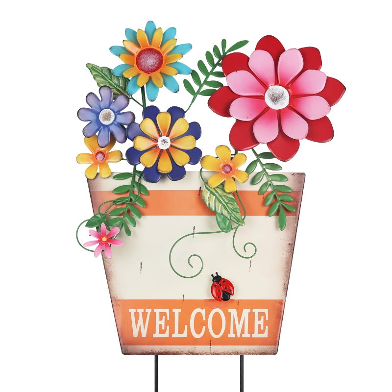 hogardeck Garden Decor for Outside, Metal Flower Pot Decorative Garden Stakes with Flowers for Spring Decor, Yard Art Welcome Sign for Outdoor Garden Lawn Backyard Porch Patio Decorations - Image 1