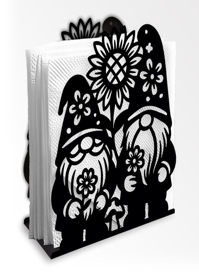 DOODLREAM Gnome Decorative Black Metal Napkin Holder for Table, 5.3" x 4.9" x 1.9" Dwarf Sunflower Standing Napkin Holder for Home Kitchen Restaurant Picnic Party Coffee Bar Dining Room - Image 1