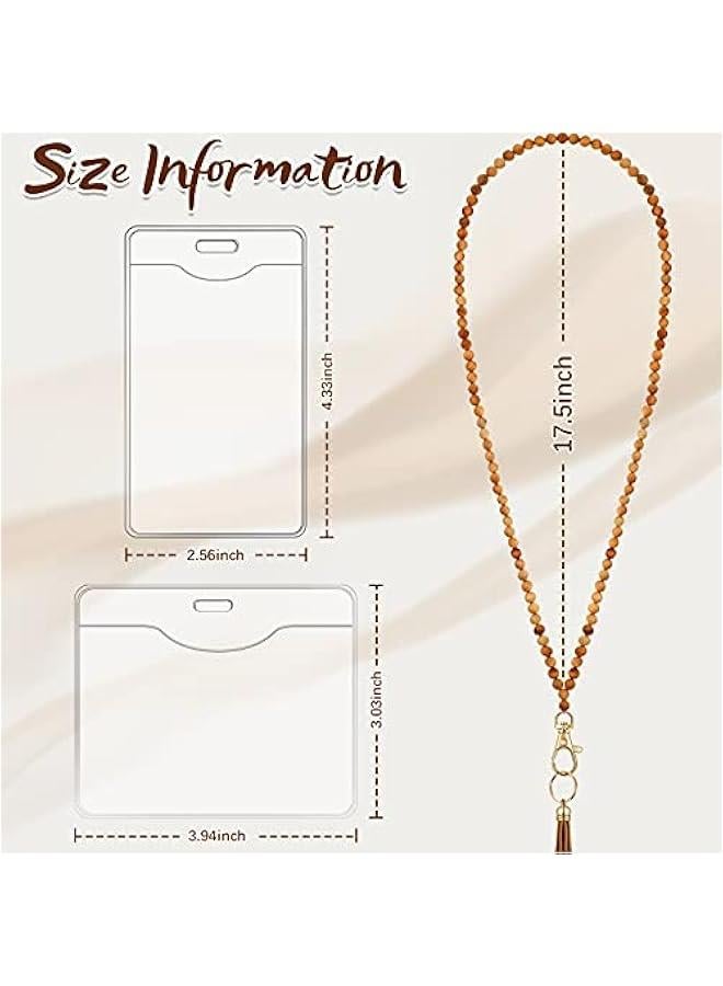 Arabest 12 Pieces Wood Beaded Lanyards and Card Holder Set, Including 4 Wooden Bead Neck Strap Bohemian Bead Lanyards with Tassel and 8 Clear Card Holders in 2 Style for Keys, Phone Bags (Retro Style) - Image 2