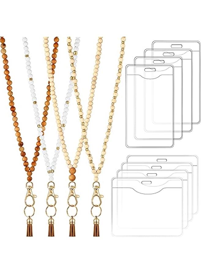Arabest 12 Pieces Wood Beaded Lanyards and Card Holder Set, Including 4 Wooden Bead Neck Strap Bohemian Bead Lanyards with Tassel and 8 Clear Card Holders in 2 Style for Keys, Phone Bags (Retro Style) - Image 1