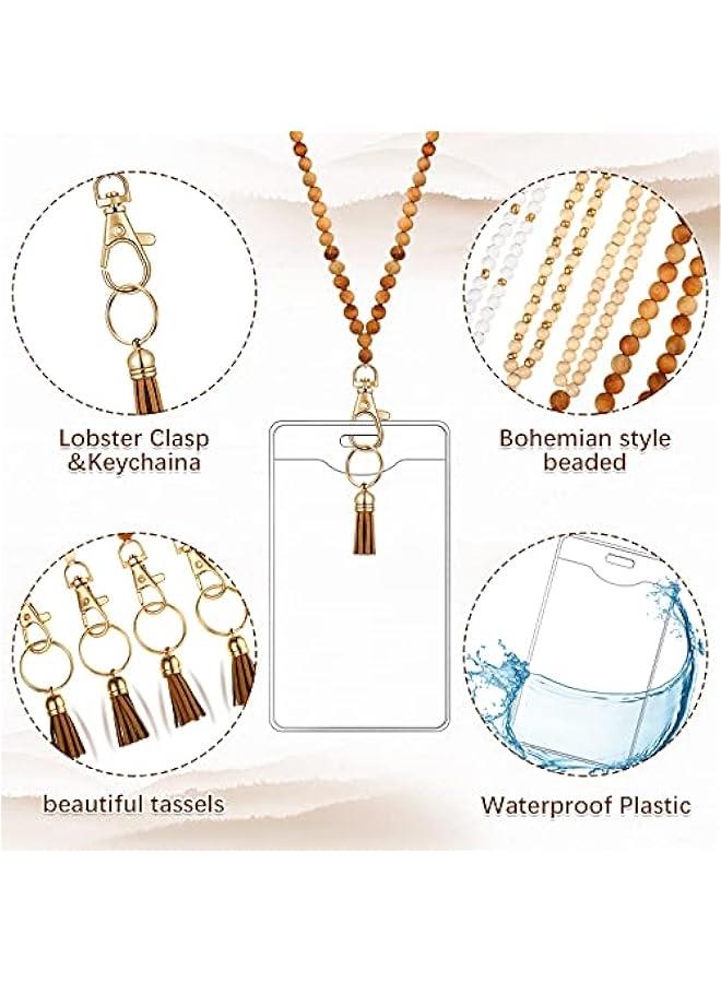 Arabest 12 Pieces Wood Beaded Lanyards and Card Holder Set, Including 4 Wooden Bead Neck Strap Bohemian Bead Lanyards with Tassel and 8 Clear Card Holders in 2 Style for Keys, Phone Bags (Retro Style) - Image 3