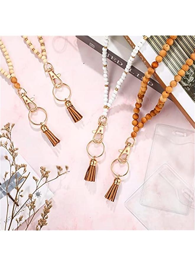 Arabest 12 Pieces Wood Beaded Lanyards and Card Holder Set, Including 4 Wooden Bead Neck Strap Bohemian Bead Lanyards with Tassel and 8 Clear Card Holders in 2 Style for Keys, Phone Bags (Retro Style) - Image 4
