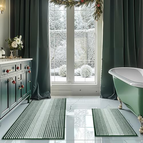 Bathroom Rugs and Mats Sets 2 Piece Thick Absorbent Chenille Bath Mat Rug Set Non Slip Soft Shaggy Bath Room Floor Mats for Bathroom Machine Washable Hunter Green 20 x 47 Plus 16 x 24