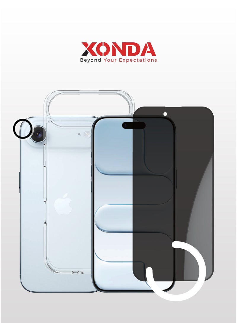 Xonda 3-in-1 protection package for iPhone 17 Air - anti-yellowing clear case, shatter-resistant privacy screen protection, high-definition camera lens protection. - Image 1