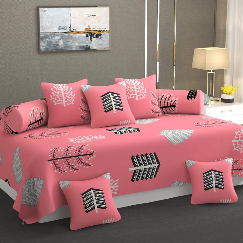 Christmas Printed Premium Glace Cotton 8 Pieces Diwan Cover Set with 1 Single Diwan Bedsheet 2 Bolster Covers and 5 Cushions CoverPink Coffee Color  - Image 1