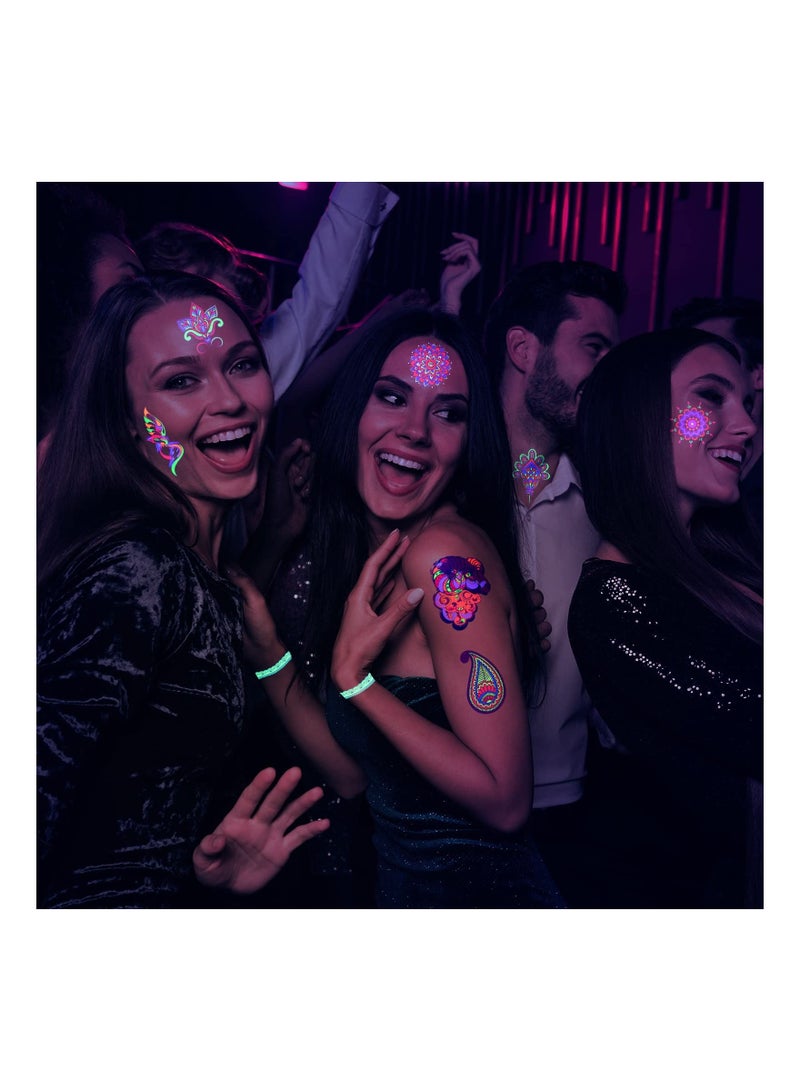 KASTWAVE 12 ورقة وشم مؤقت، وشم نيون داكن للجسم والوجه والزهور والفراشات وومضات وهمية مقاومة للماء بالأشعة فوق البنفسجية والضوء الأسود للنساء ومستلزمات الحفلات - Image 5