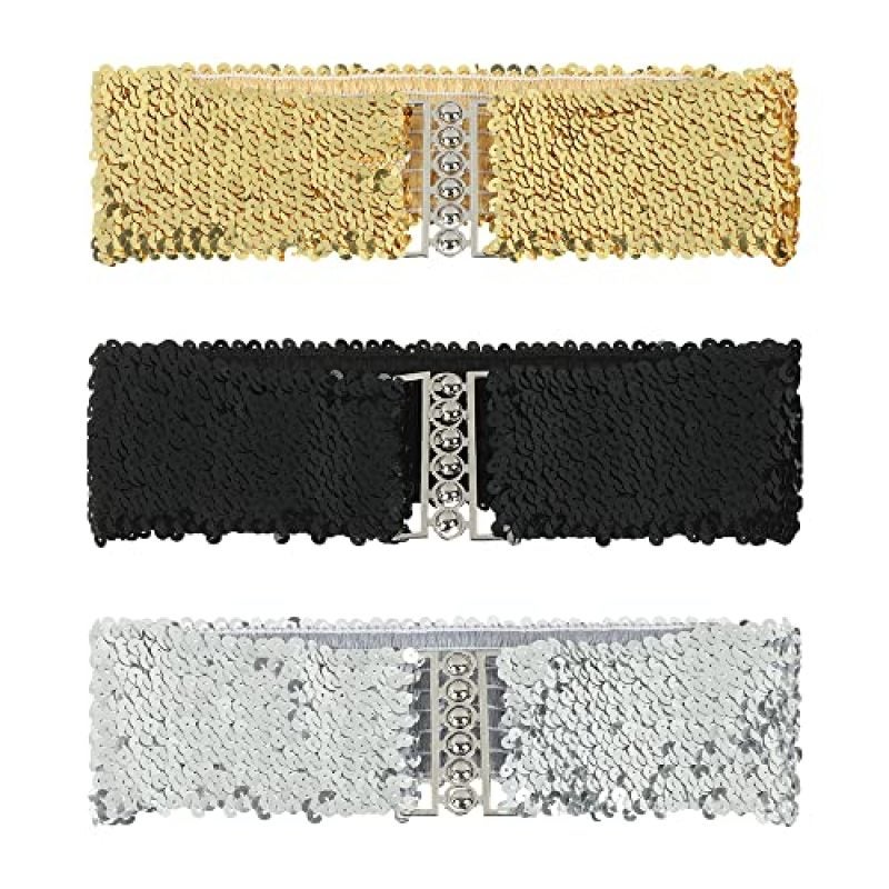 Rhinestone Belt 7 Cm Width 3-Pack Black Gold Silver - Elastic 46–72 Cm Stretch For Customized Fit Cinch Belt For Women's Costume Parties Daily Wear - Image 1